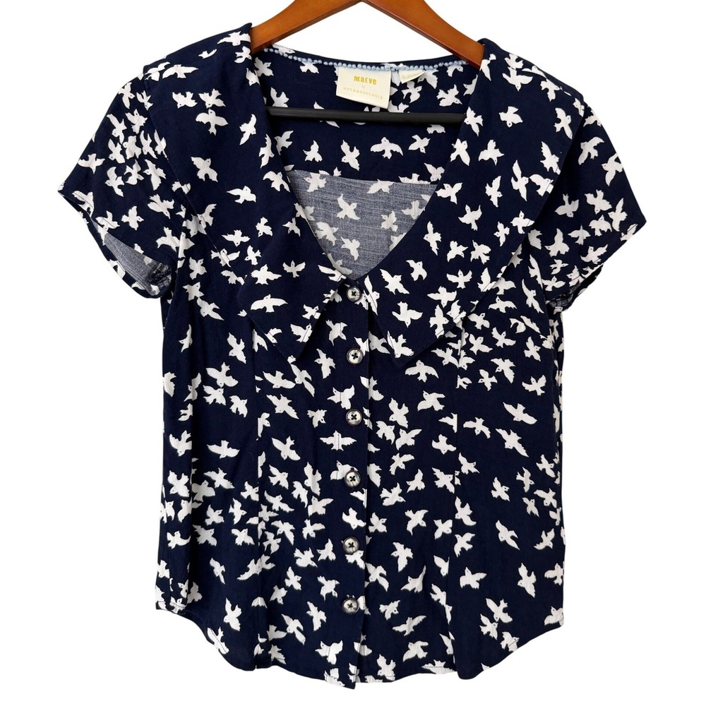Maeve Anthropologie Navy White Bird Print Button Front Top Size 0